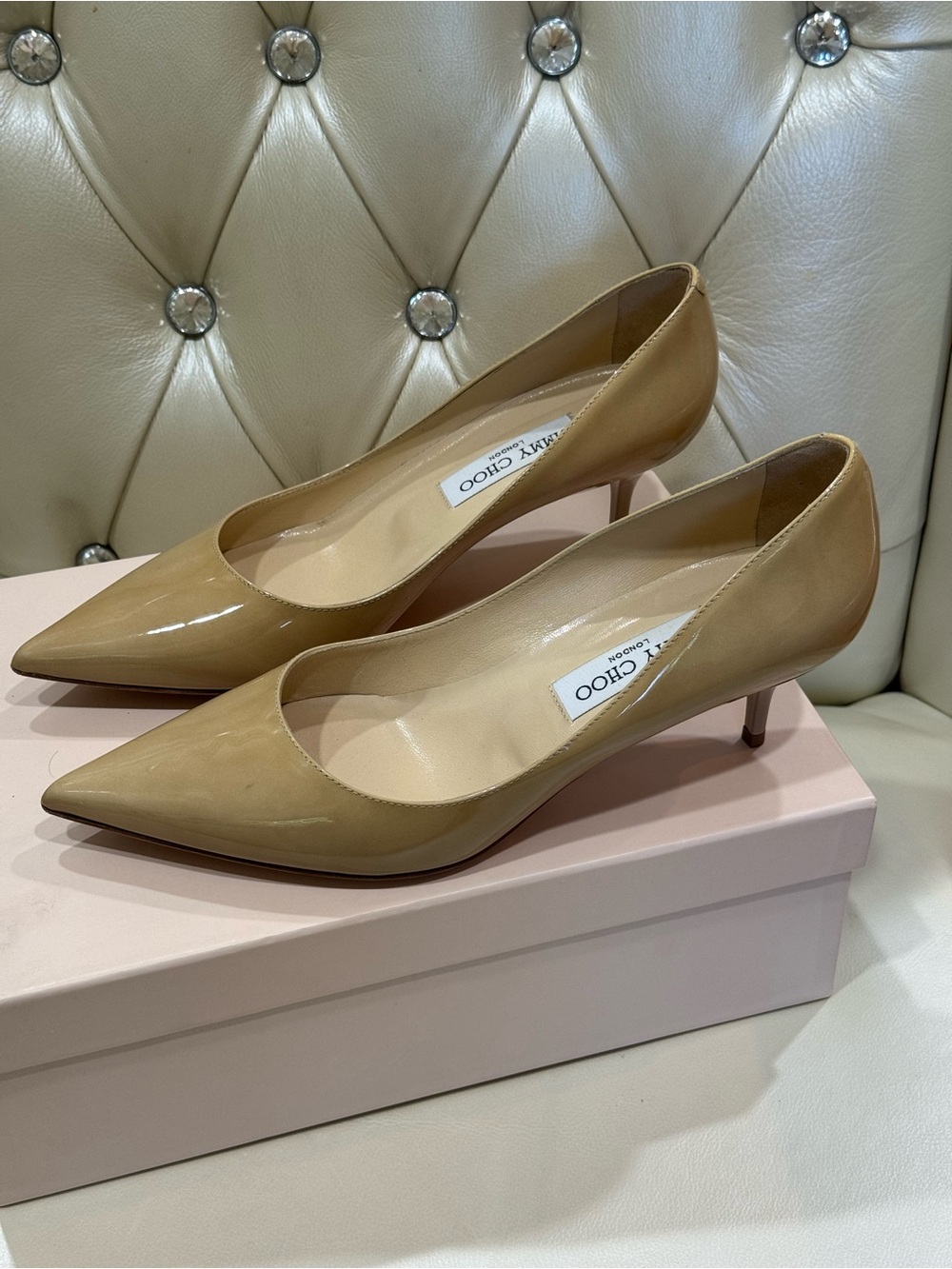 Jimmy Choo AZA Beige Patent Leather Pointed Toe Pumps